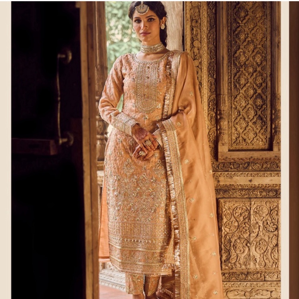 Lashkaraa Dusty Peach Embroidered Straight Suit Indian Outfit